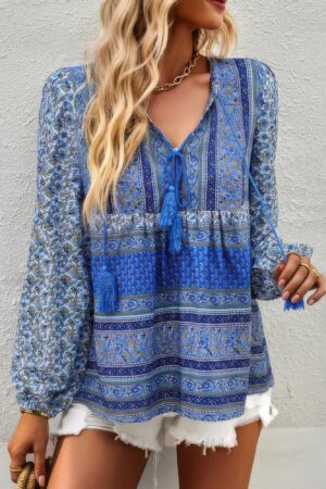 Tie-Neck Boho Floral Tunic Top – Long Sleeve