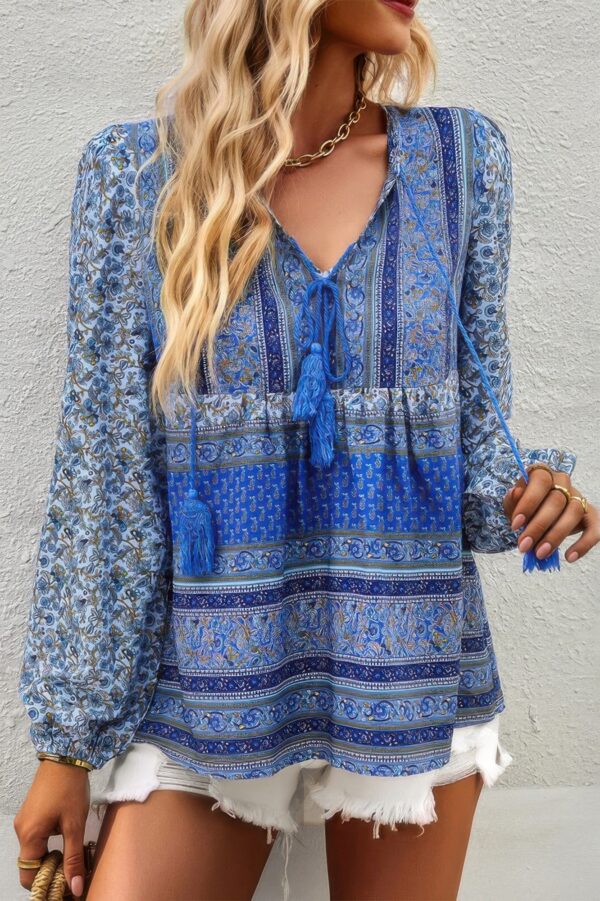 Tie-Neck Boho Floral Tunic Top – Long Sleeve