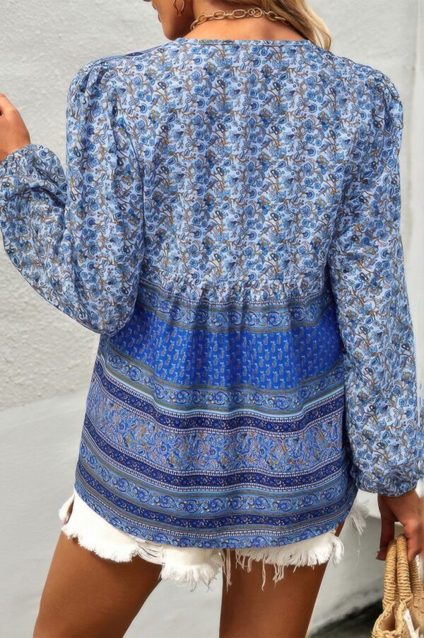 Tie-Neck Boho Floral Tunic Top – Long Sleeve