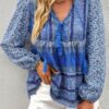 Tie-Neck Boho Floral Tunic Top – Long Sleeve