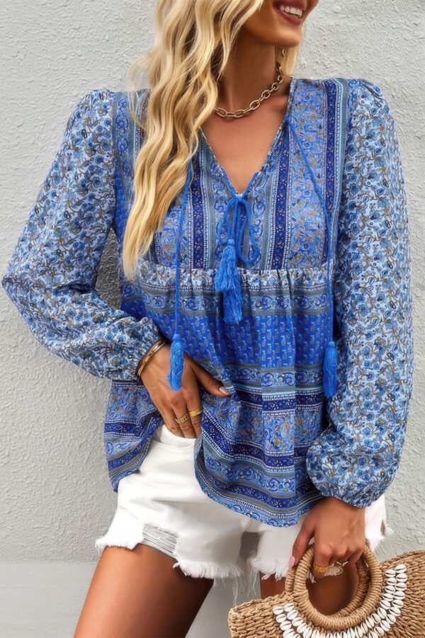 Tie-Neck Boho Floral Tunic Top – Long Sleeve
