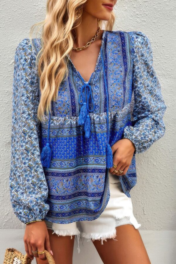 Tie-Neck Boho Floral Tunic Top – Long Sleeve