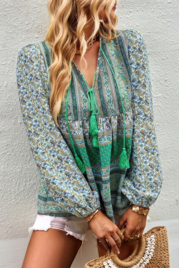 Tie-Neck Boho Floral Tunic Top – Long Sleeve