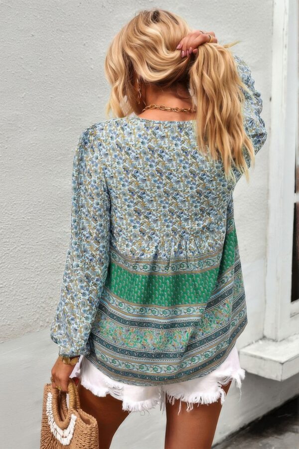 Tie-Neck Boho Floral Tunic Top – Long Sleeve