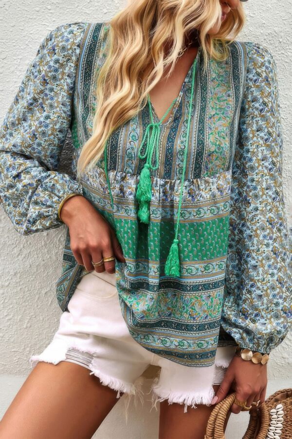 Tie-Neck Boho Floral Tunic Top – Long Sleeve