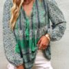 Tie-Neck Boho Floral Tunic Top – Long Sleeve
