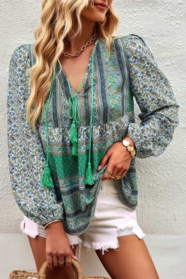 Tie-Neck Boho Floral Tunic Top – Long Sleeve