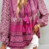 Tie-Neck Boho Floral Tunic Top – Long Sleeve
