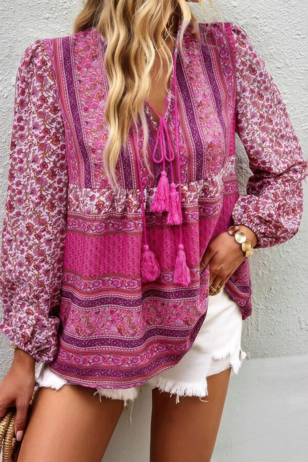 Tie-Neck Boho Floral Tunic Top – Long Sleeve