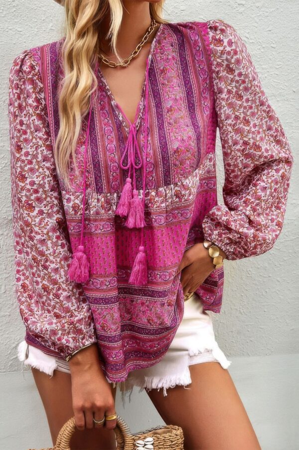 Tie-Neck Boho Floral Tunic Top – Long Sleeve