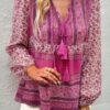 Tie-Neck Boho Floral Tunic Top – Long Sleeve