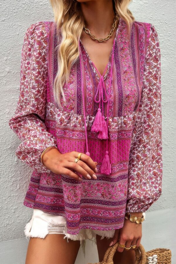 Tie-Neck Boho Floral Tunic Top – Long Sleeve