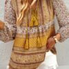 Tie-Neck Boho Floral Tunic Top – Long Sleeve