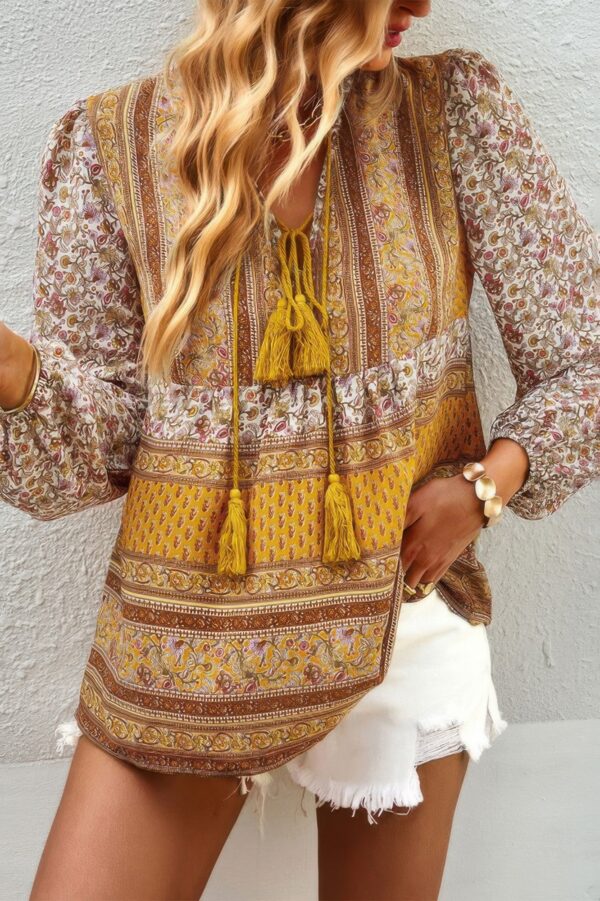 Tie-Neck Boho Floral Tunic Top – Long Sleeve