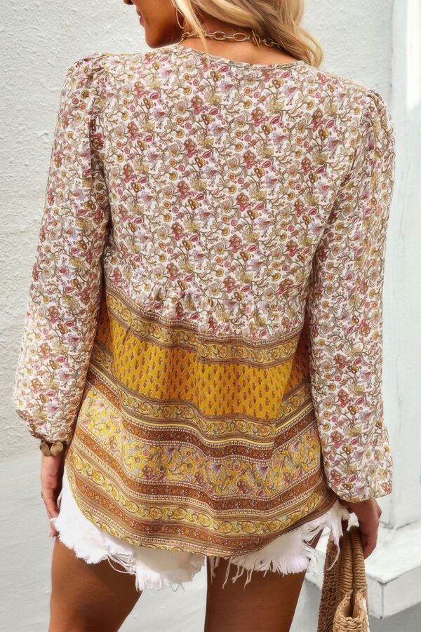 Tie-Neck Boho Floral Tunic Top – Long Sleeve