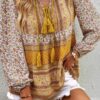 Tie-Neck Boho Floral Tunic Top – Long Sleeve