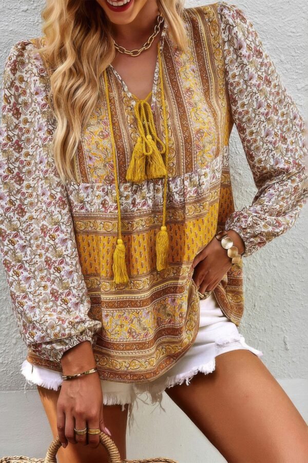 Tie-Neck Boho Floral Tunic Top – Long Sleeve