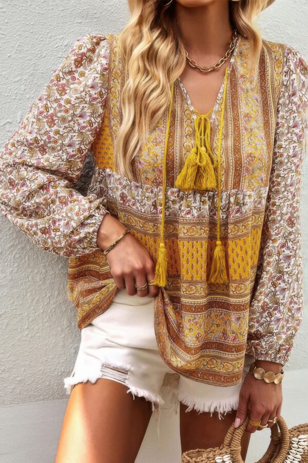 Tie-Neck Boho Floral Tunic Top – Long Sleeve
