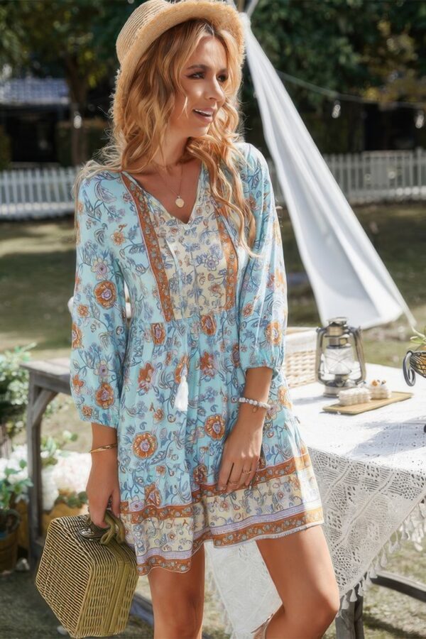 Floral V-Neck Button-Down Long Sleeve Dress