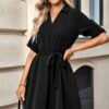 V-Neck A-Line Dress with Waist Tie – Solid