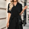 V-Neck A-Line Dress with Waist Tie – Solid
