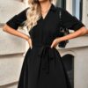 V-Neck A-Line Dress with Waist Tie – Solid