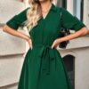 V-Neck A-Line Dress with Waist Tie – Solid