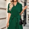 V-Neck A-Line Dress with Waist Tie – Solid