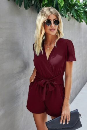 Plunge Neck Wrap Romper with Belted Knot Detail
