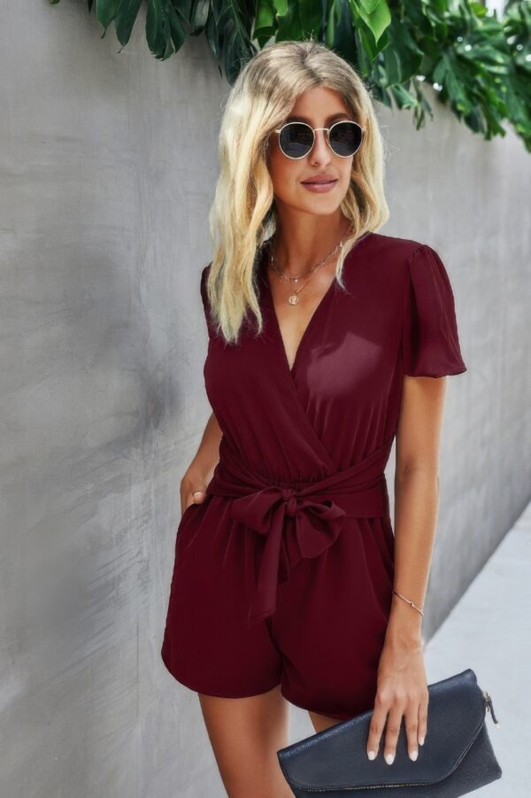 Plunge Neck Wrap Romper with Belted Knot Detail