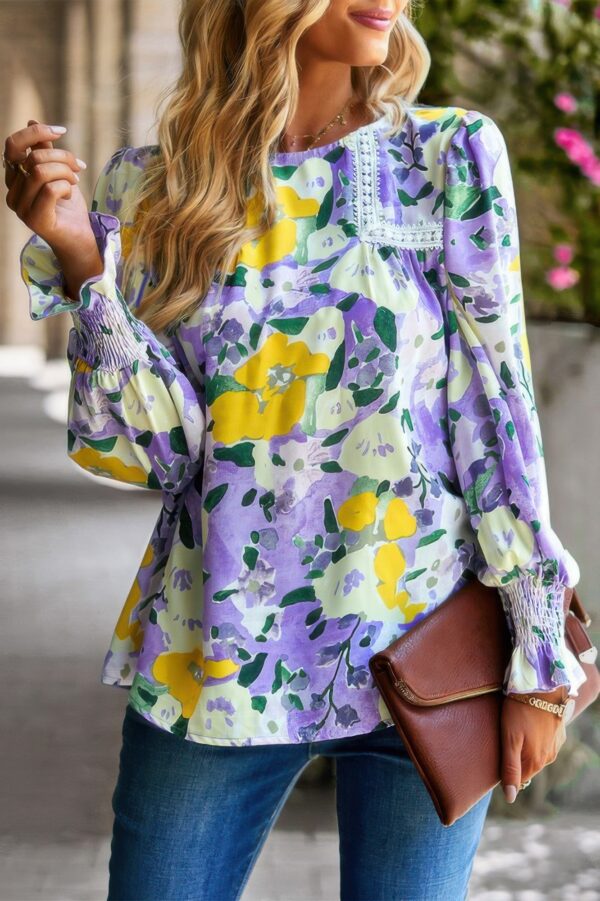 Floral Split-Hem Top with Contrast Lace Trim – Lightweight