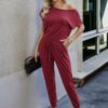 Plus Size Slant Shoulder Short-Sleeve Jumpsuit