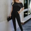 Plus Size Slant Shoulder Short-Sleeve Jumpsuit
