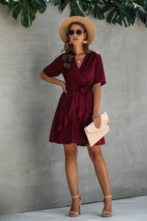 Plus-Size V-Neck Wrap Dress with Ruffled Hem