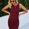 Ribbed Ruched Bodycon Tank Dress – Crew Neck