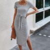 Tie-Waist Short Sleeve Scoop Neck Shirt Dress