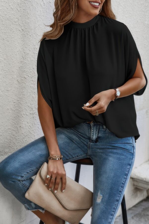 Mock Neck Batwing Sleeve Blouse – Solid Loose Top