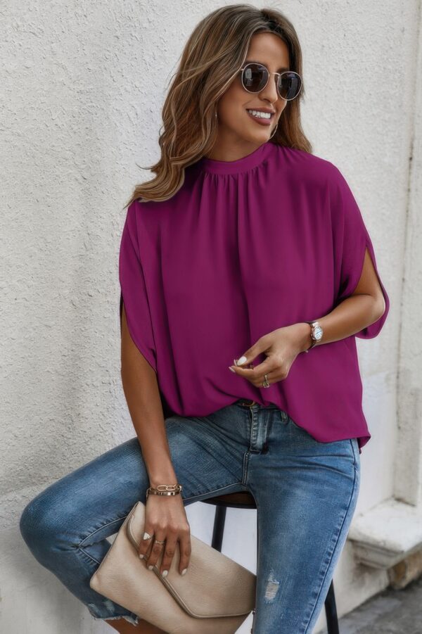 Mock Neck Batwing Sleeve Blouse – Solid Loose Top