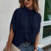 Mock Neck Batwing Sleeve Blouse – Solid Loose Top