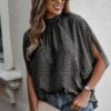 Mock Neck Batwing Sleeve Blouse – Solid Loose Top