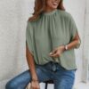 Mock Neck Batwing Sleeve Blouse – Solid Loose Top