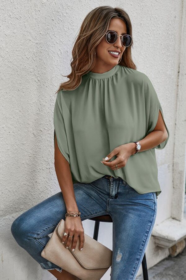 Mock Neck Batwing Sleeve Blouse – Solid Loose Top