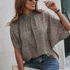 Mock Neck Batwing Sleeve Blouse – Solid Loose Top