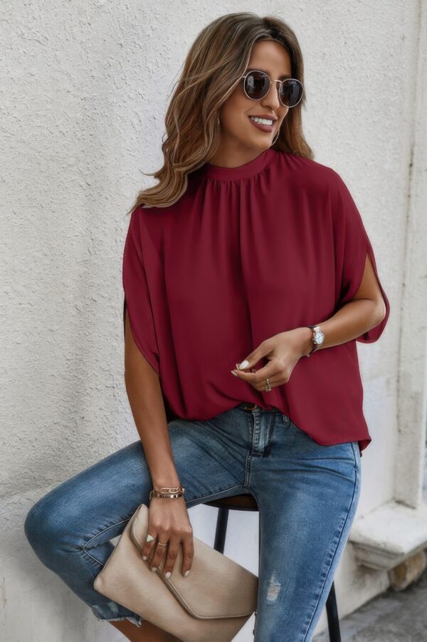 Mock Neck Batwing Sleeve Blouse – Solid Loose Top