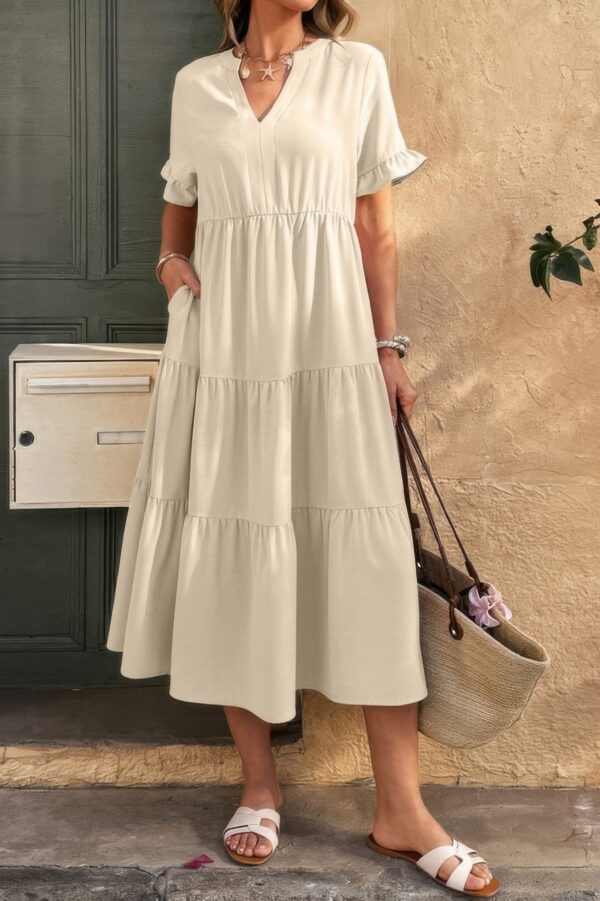V-Neck A-Line Dress with Pleated Ruffle Hem