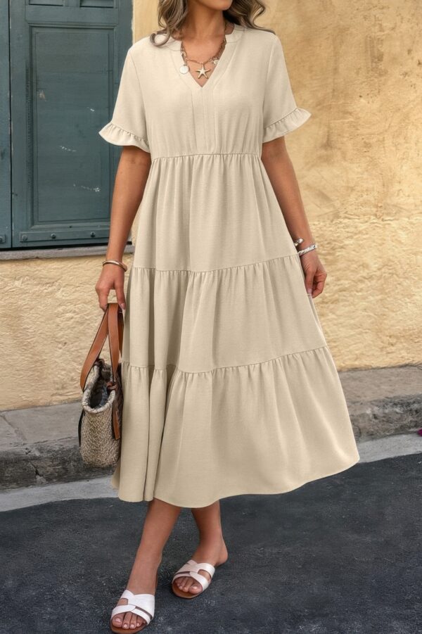 V-Neck A-Line Dress with Pleated Ruffle Hem