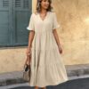V-Neck A-Line Dress with Pleated Ruffle Hem