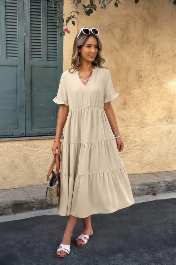 V-Neck A-Line Dress with Pleated Ruffle Hem