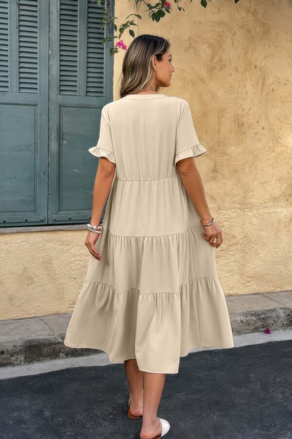 V-Neck A-Line Dress with Pleated Ruffle Hem