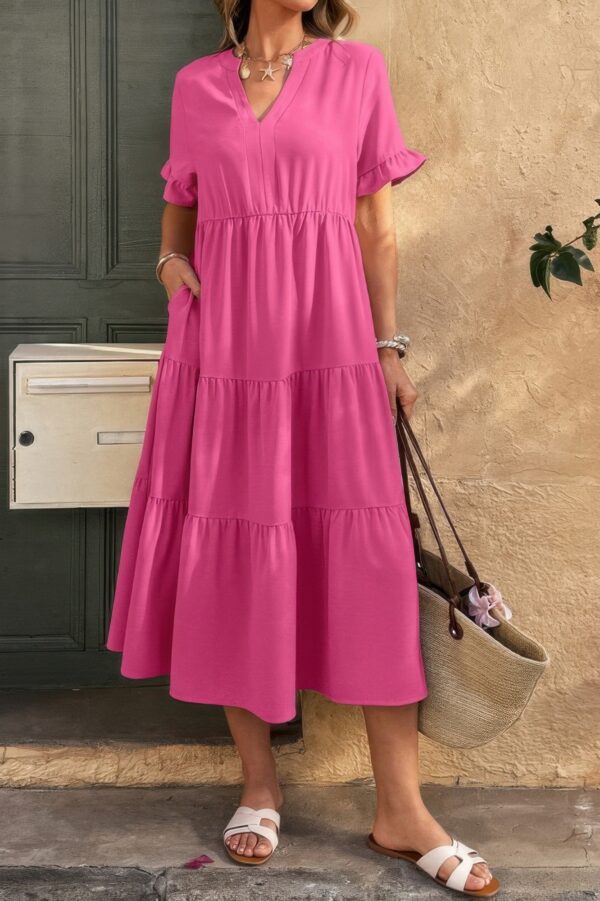 V-Neck A-Line Dress with Pleated Ruffle Hem